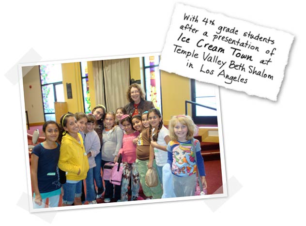 Rona Arato with 4th grade students after a presentation of Ice Cream Town at Temple Valley Beth Shalom in Los Angeles