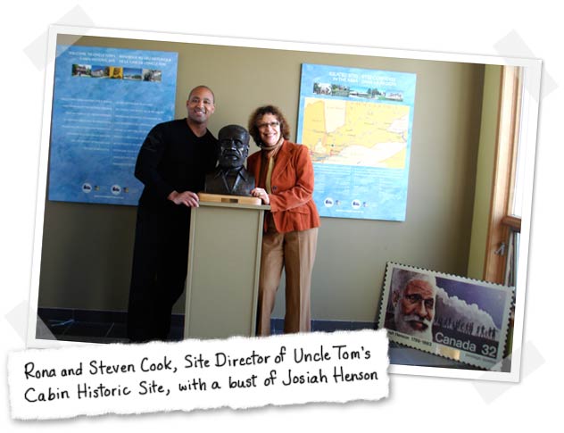 Rona Arato and Steven Cook, Site Director of Uncle Tom’s Cabin Historic Site, with a bust of Josiah Henson