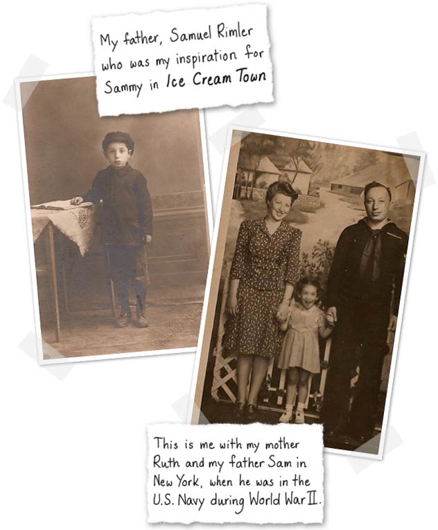 Rona Arato’s father, Samuel Rimler who was her inspiration for Sammy in Ice Cream Town and Rona Arato with her mother Ruth and her father Sam in New York, when he was in the U.S. Navy during World War II.